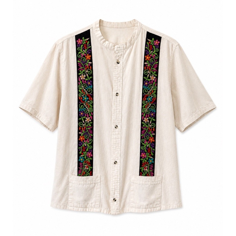 Mens Cream Embroidered Floral Mexican Guayabera Shirt Snap Button Size L /G - Picture 1 of 14